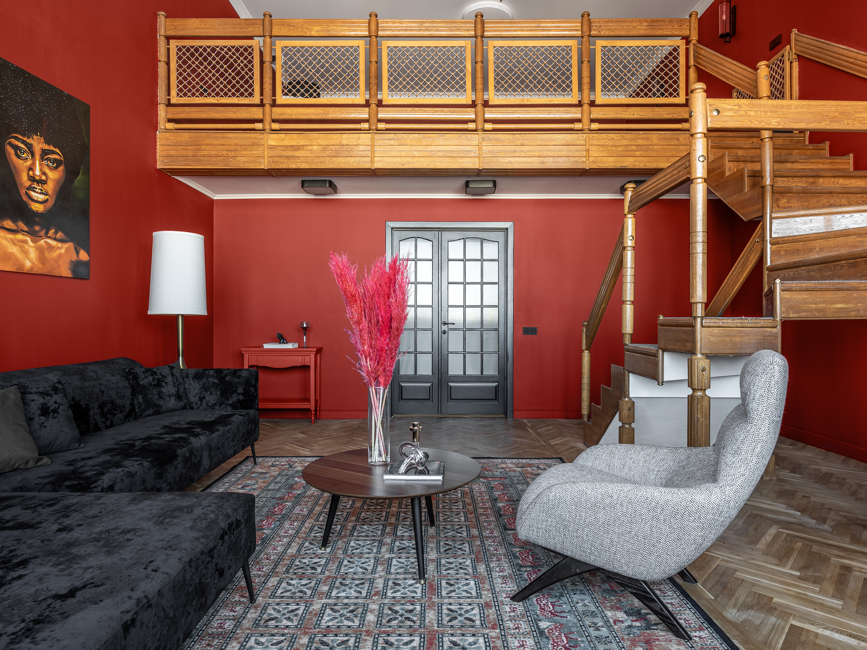 Red living room floor plan with staircase